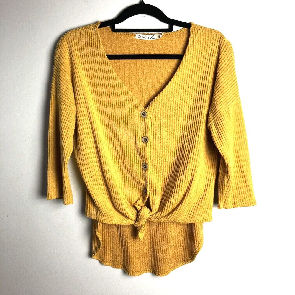 Liberty Love Blouse Womens M Ribbed Knit Tie Front Button Down Hi-Lo 3/4 Sleeve